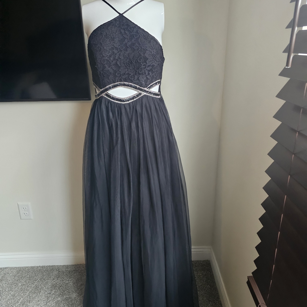 Elegant Black Lace Gown with Cutout Details